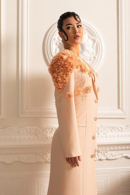 Long Blazer With 3D Contrasting Floral Shoulder And Back Accents - Peach