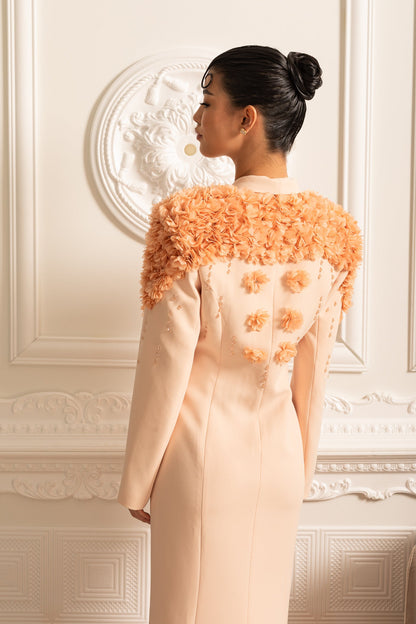 Long Blazer With 3D Contrasting Floral Shoulder And Back Accents - Peach