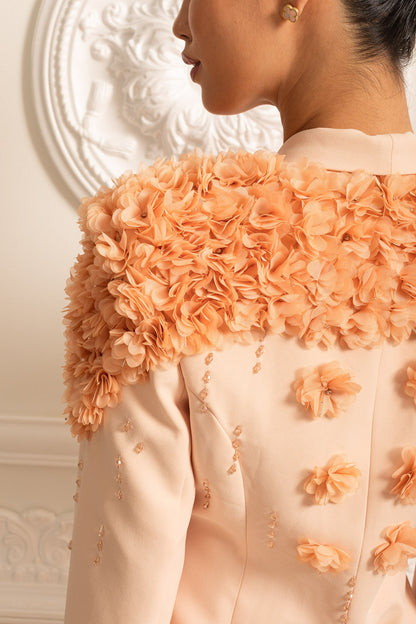 Long Blazer With 3D Contrasting Floral Shoulder And Back Accents - Peach