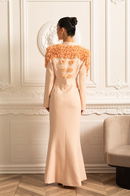 Long Blazer With 3D Contrasting Floral Shoulder And Back Accents - Peach