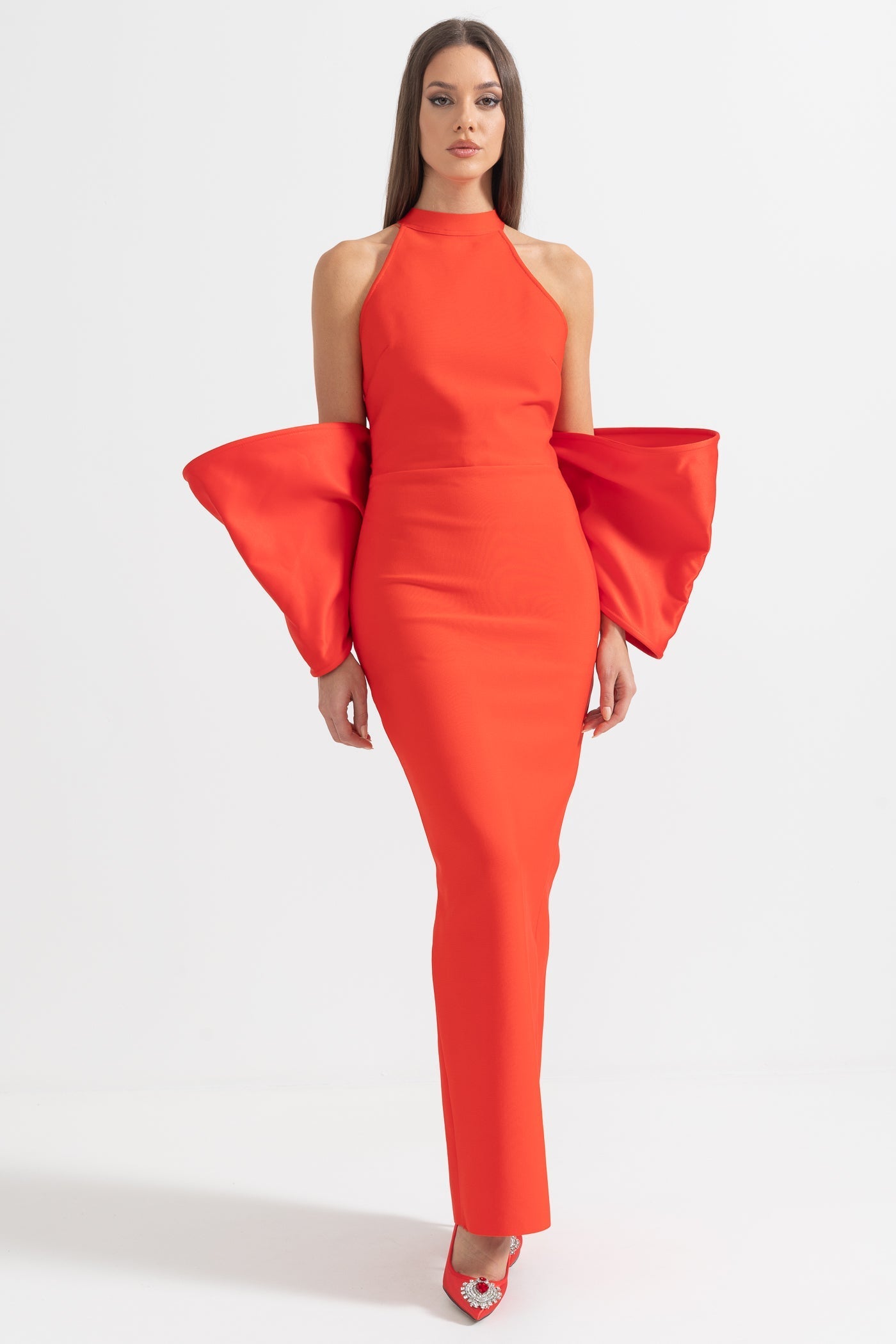 Elegant Dress With Back Bow Details - Red