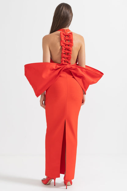 Elegant Dress With Back Bow Details - Red