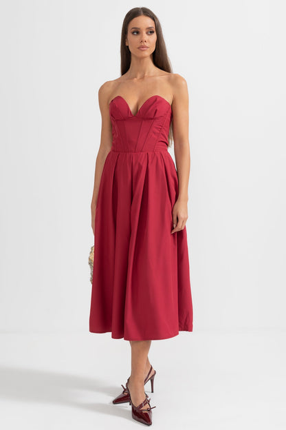 Sophisticated Strapless Midi Dress with Fitted Bodice - Burgundy