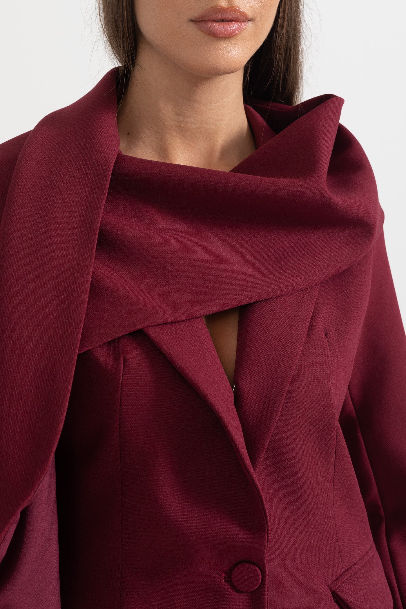 Modern Blazer With Asymmetrical Draped Scarf - Burgundy
