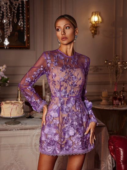 Dallan Long Sleeve Floral Embroidered Mini Dress