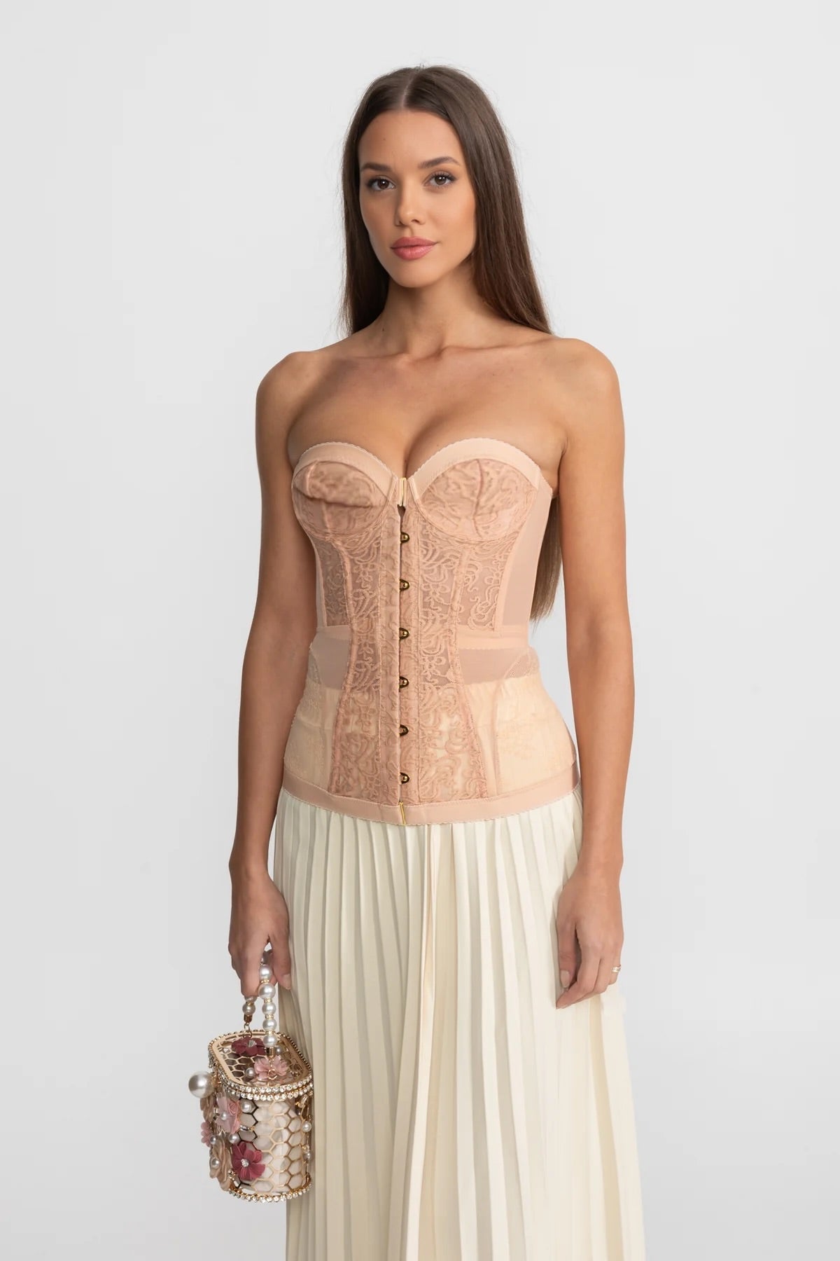 Strapless Lace Corset Top with Boning and Front Closure - Nude