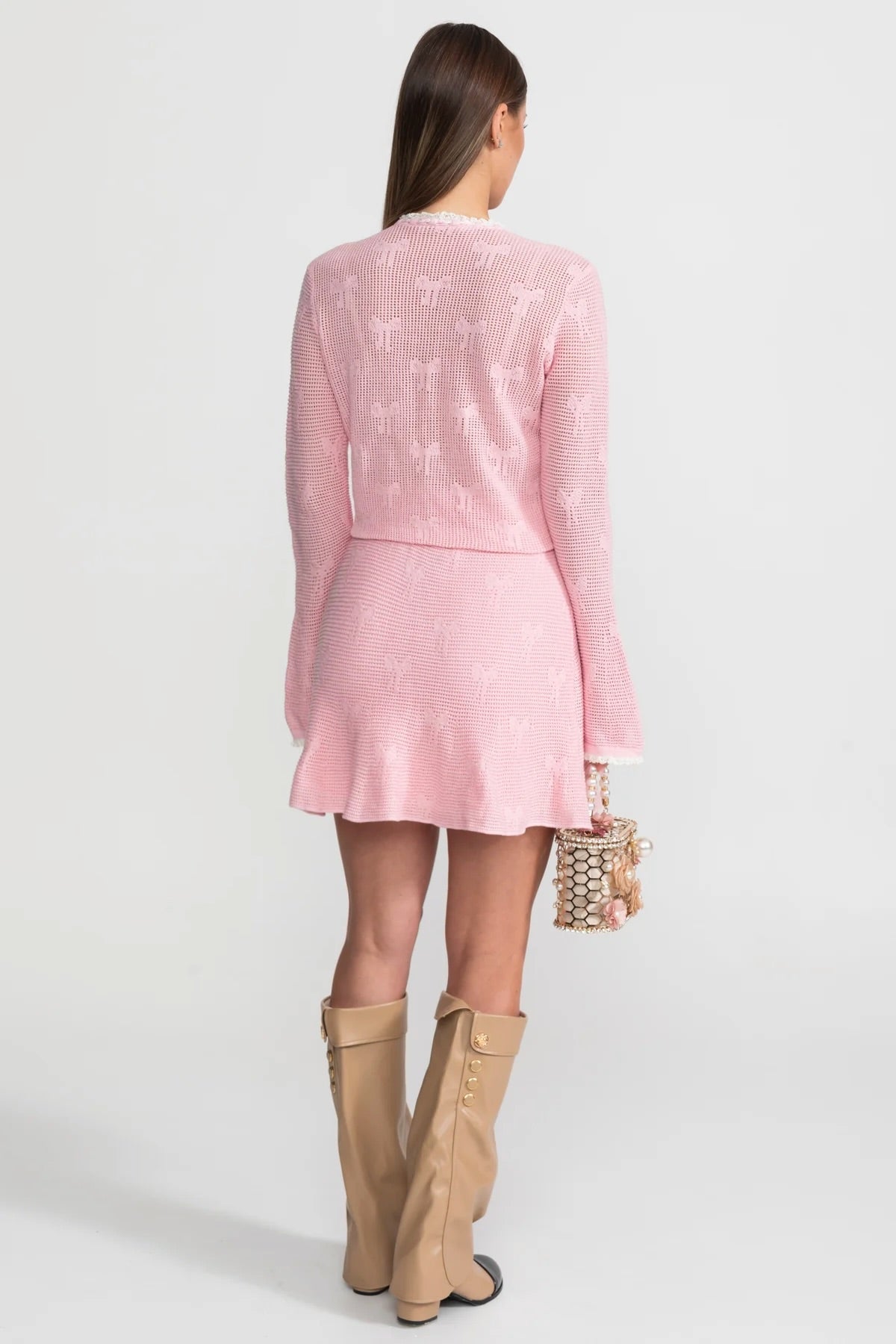 Knit Co-ord Set With Pearl and Bow Detailing – Baby Pink