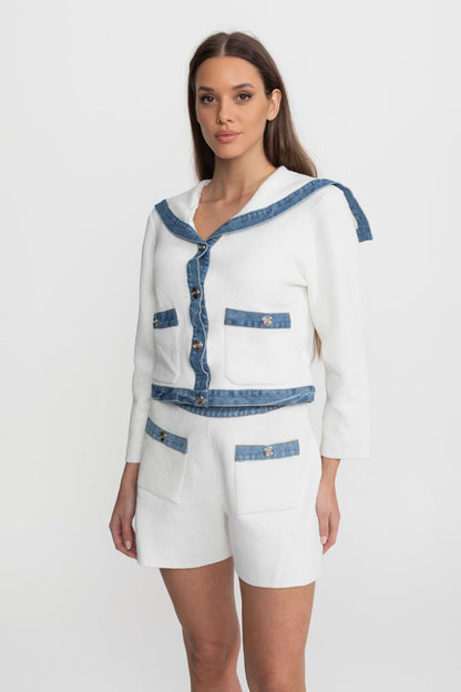 Textured Knit Co-Ord Set with Denim Trim – White & Blue
