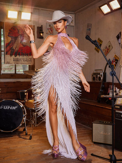 Elvrik Halterneck Fringe Cutout Split Maxi Dress In Blush