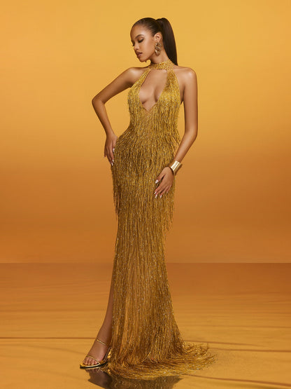 Elvrik Halterneck Fringe Cutout Split Maxi Dress In Gold