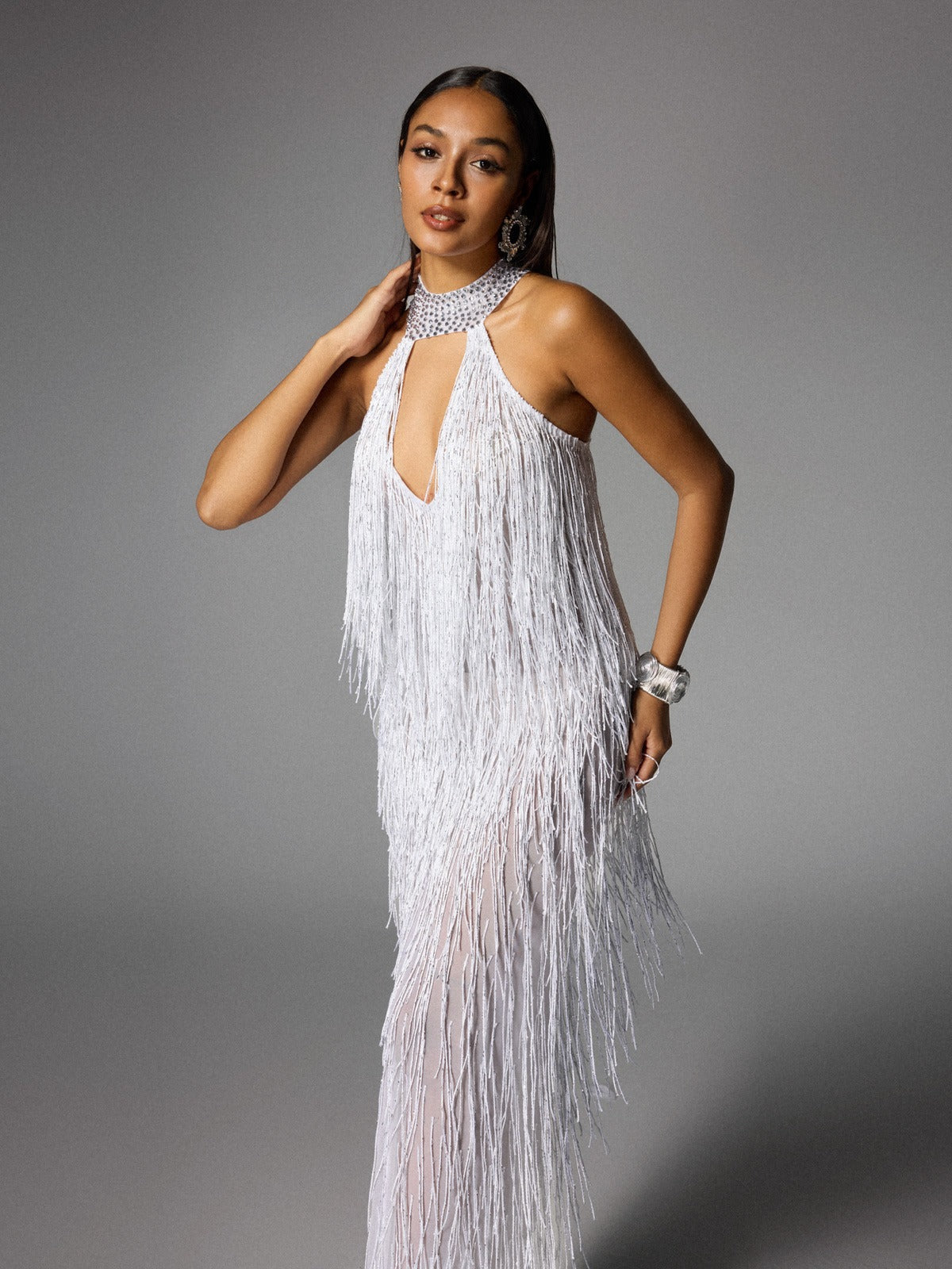 Elvrik Halterneck Fringe Cutout Split Maxi Dress In White