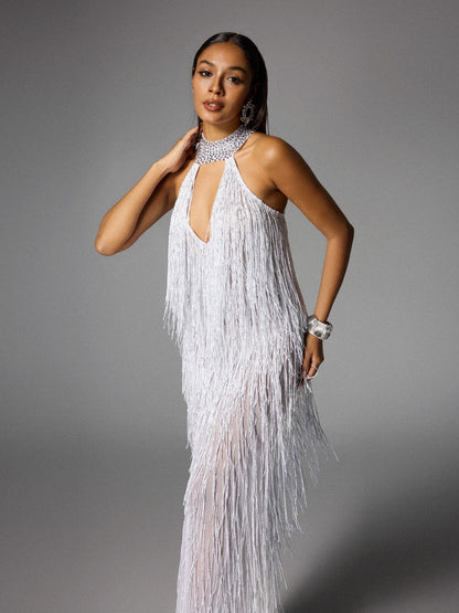Elvrik Halterneck Fringe Cutout Split Maxi Dress In White