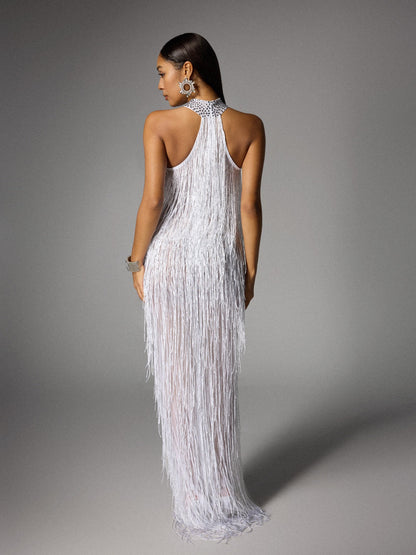 Elvrik Halterneck Fringe Cutout Split Maxi Dress In White