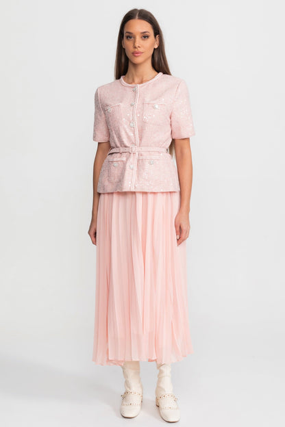 Embellished Tweed Midi Dress with Pleated Chiffon Skirt – Blush Pink