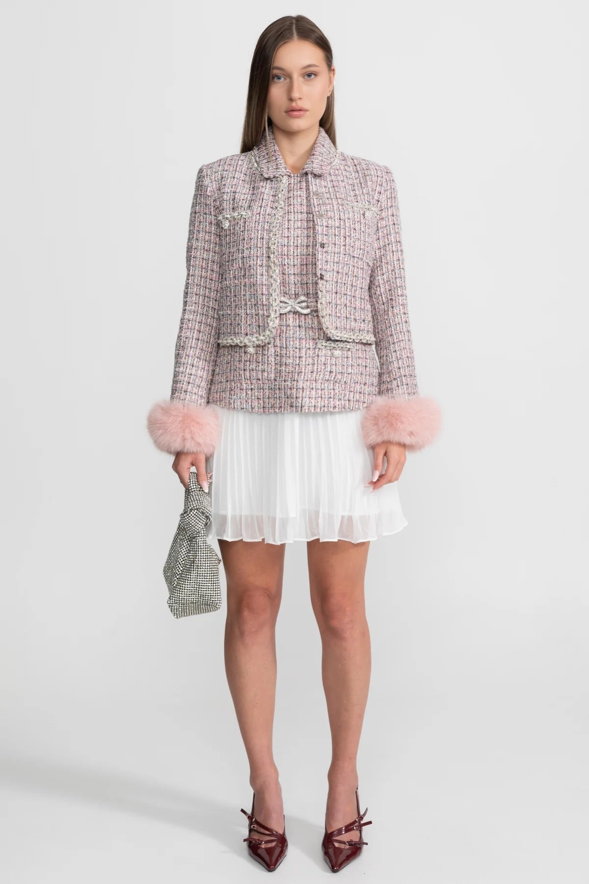 Tweed Cropped Jacket with Faux Fur Cuffs - Pink