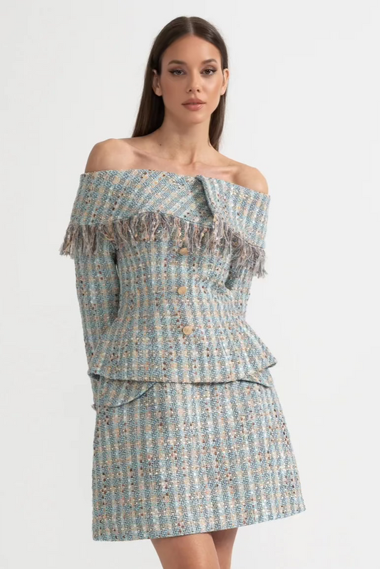 Plaid Tweed Set With Off-Shoulder Top And Coordinated Mini Skirt - Blue