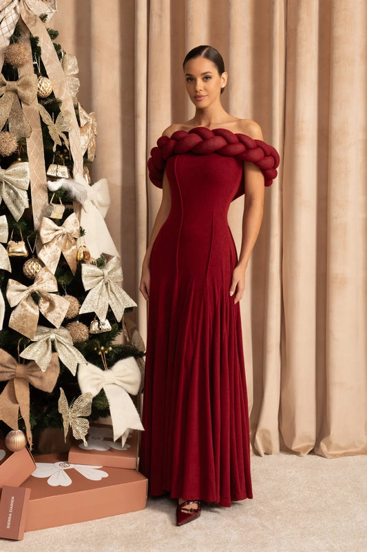 Off-Shoulder Braided Neckline Maxi Dress – Deep Red