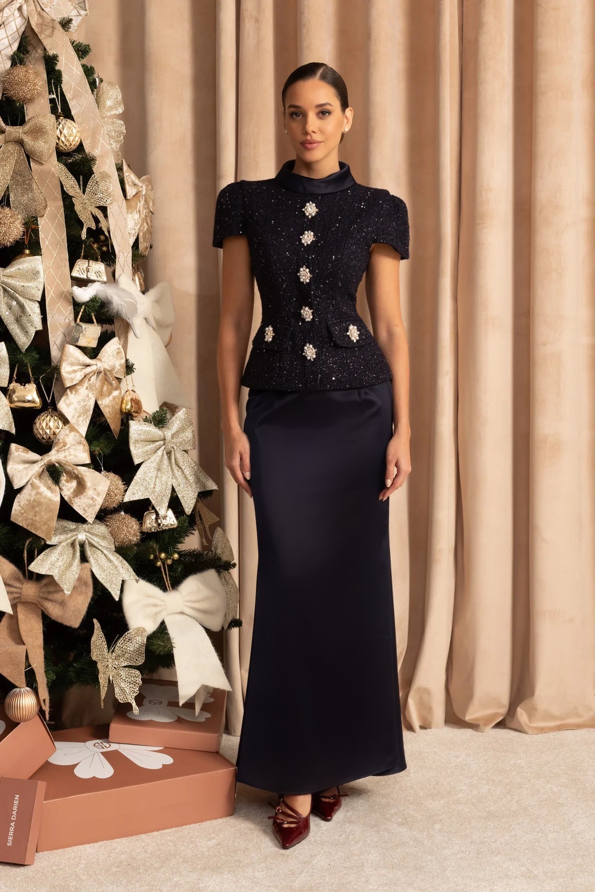 Co-Ord Set with Tweed Embellished Top and Satin Maxi Skirt - Navy