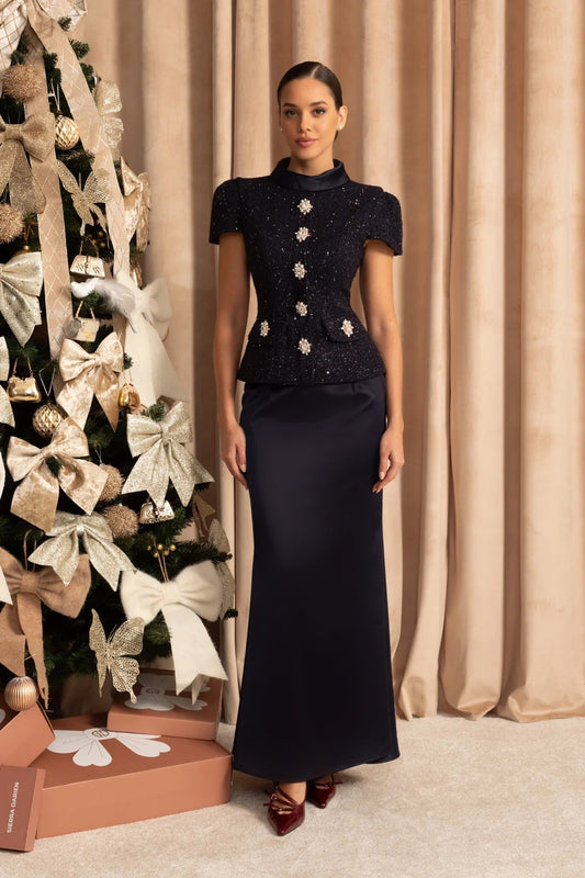 Co-Ord Set with Tweed Embellished Top and Satin Maxi Skirt - Navy