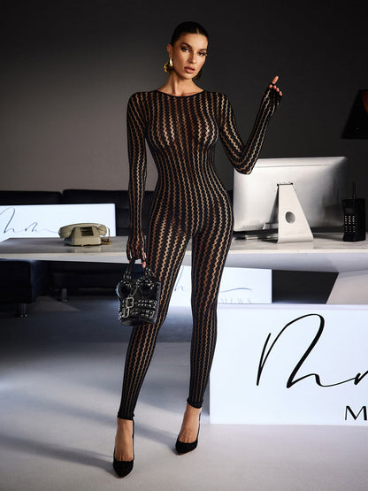 Festim Long Sleeve Floral Bodycon Jumpsuit In Black