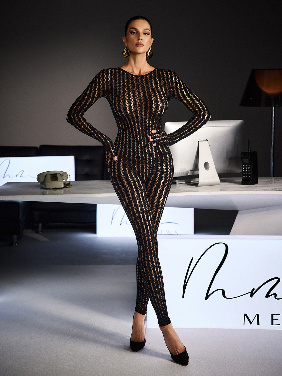 Festim Long Sleeve Floral Bodycon Jumpsuit In Black