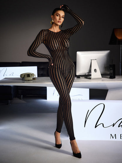 Festim Long Sleeve Floral Bodycon Jumpsuit In Black