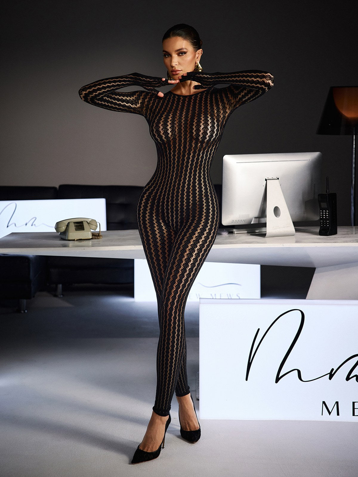 Festim Long Sleeve Floral Bodycon Jumpsuit In Black