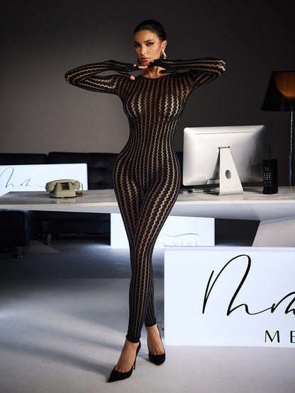 Festim Long Sleeve Floral Bodycon Jumpsuit In Black