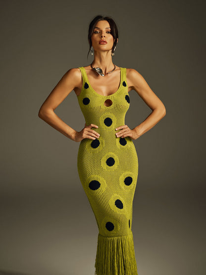 Gaelion Dot Fringe Knitted Midi Dress