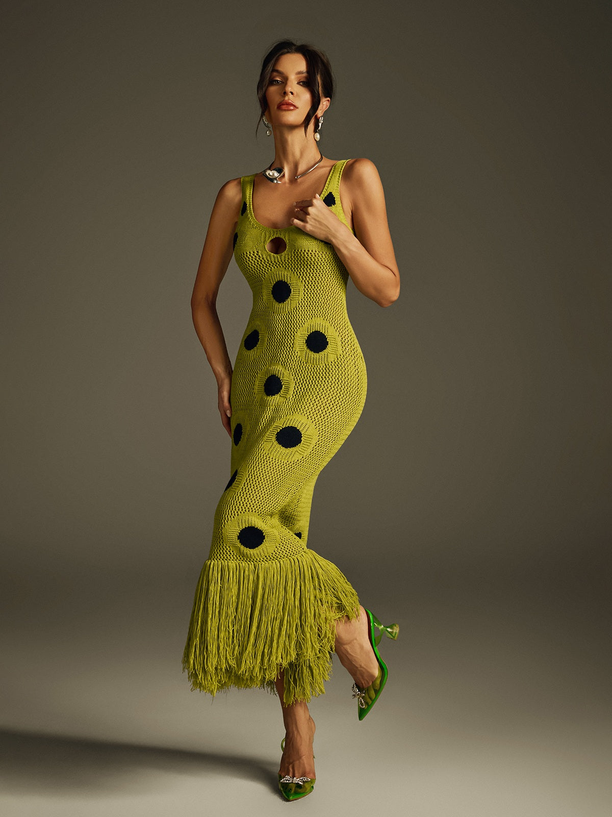 Gaelion Dot Fringe Knitted Midi Dress