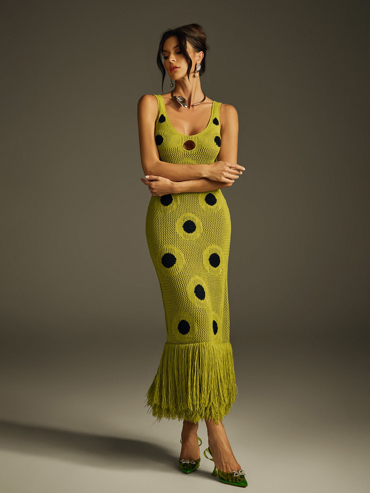 Gaelion Dot Fringe Knitted Midi Dress