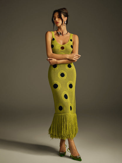 Gaelion Dot Fringe Knitted Midi Dress