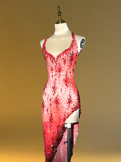 Haelin Spaghetti Rhinestone Split Midi Dress In Red