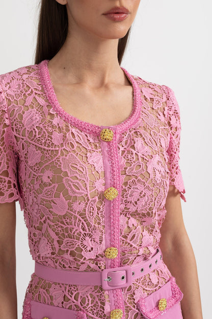 Exquisite Short Sleeve Lace Midi Dress - Rose