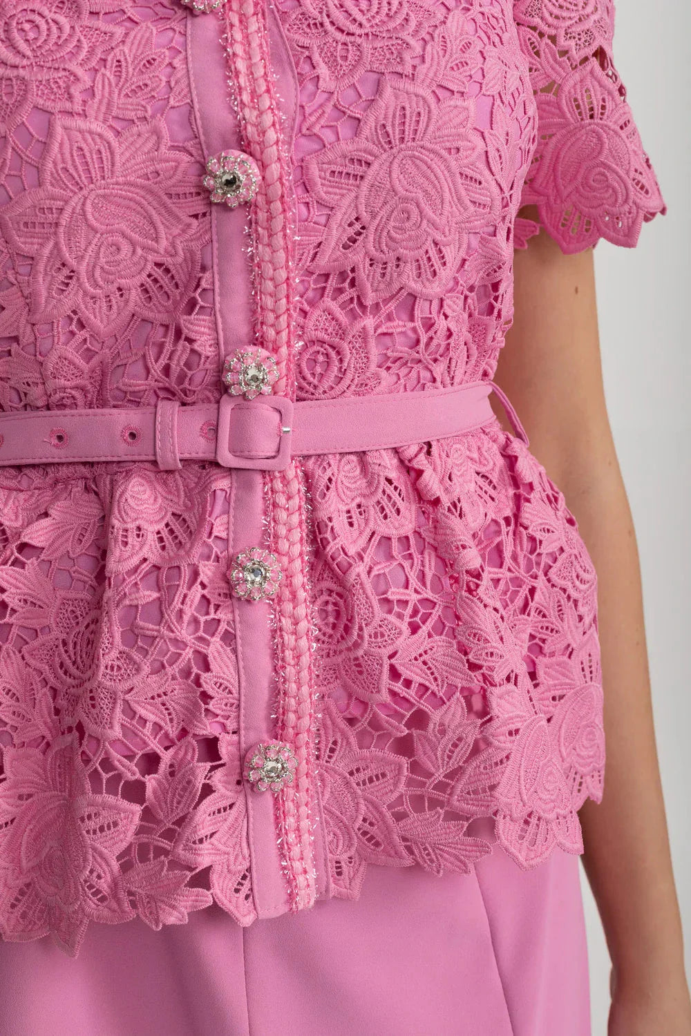 Elegant Dress With Lace Top, Matching Belt And Coordinated Skirt - Pink