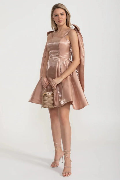 Elegant Satin Fitted Dress With Flared Skirt And Decorative Shoulder Bow Accents - Brown