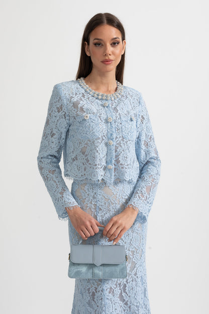 Lace Co-Ord With Sparkling Neckline Embellishments And Midi Skirt - Blue