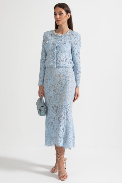Lace Co-Ord With Sparkling Neckline Embellishments And Midi Skirt - Blue
