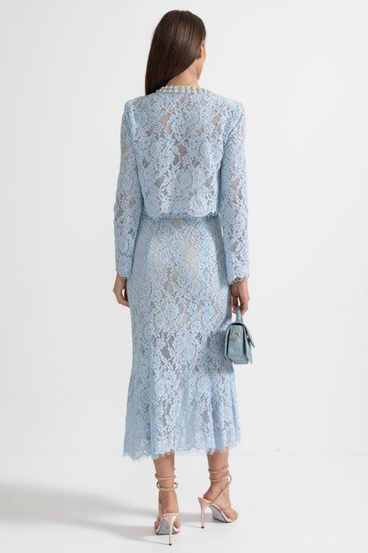 Lace Co-Ord With Sparkling Neckline Embellishments And Midi Skirt - Blue