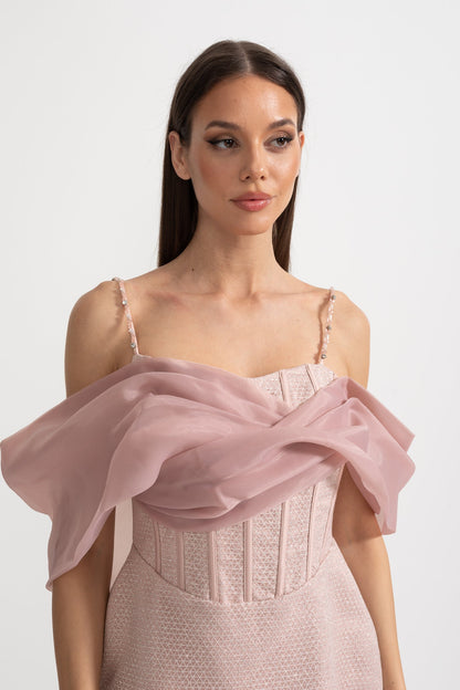 Mini Textured Dress With Fitted Bodice, Patterned Fabric And Sheer Draped Overlay - Pink