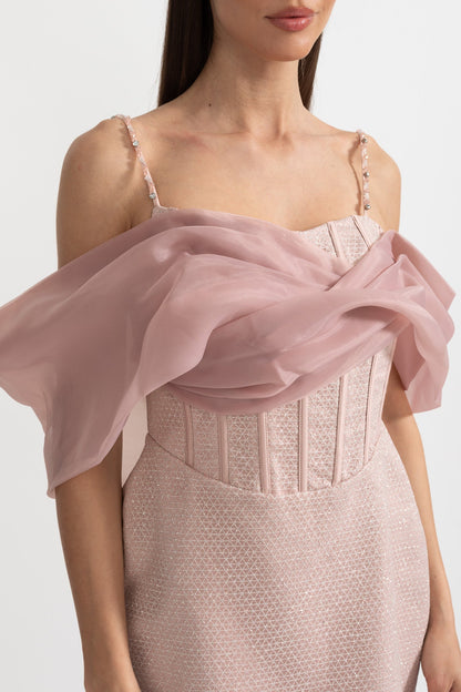 Mini Textured Dress With Fitted Bodice, Patterned Fabric And Sheer Draped Overlay - Pink