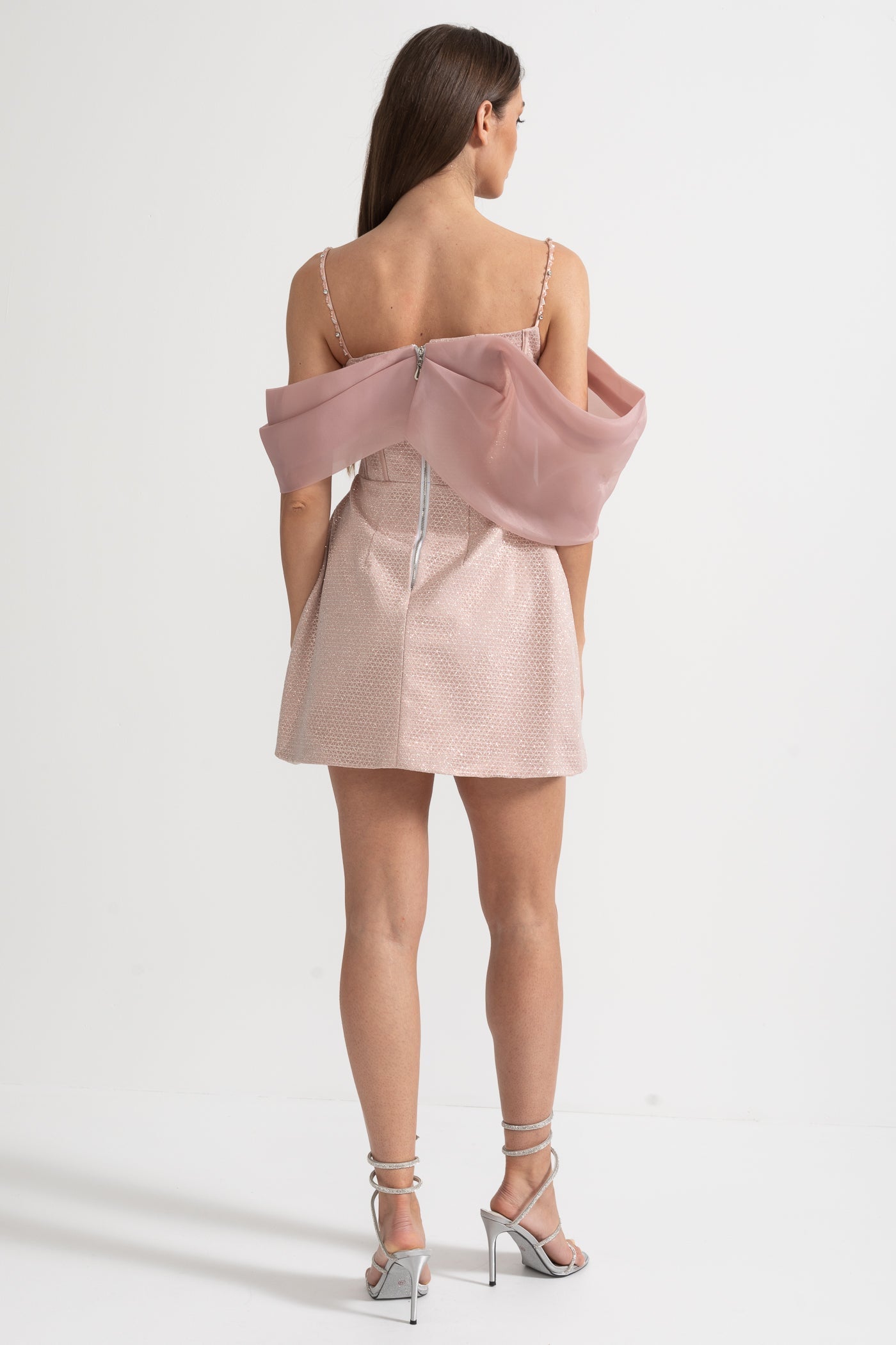 Mini Textured Dress With Fitted Bodice, Patterned Fabric And Sheer Draped Overlay - Pink