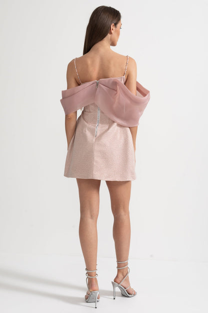 Mini Textured Dress With Fitted Bodice, Patterned Fabric And Sheer Draped Overlay - Pink