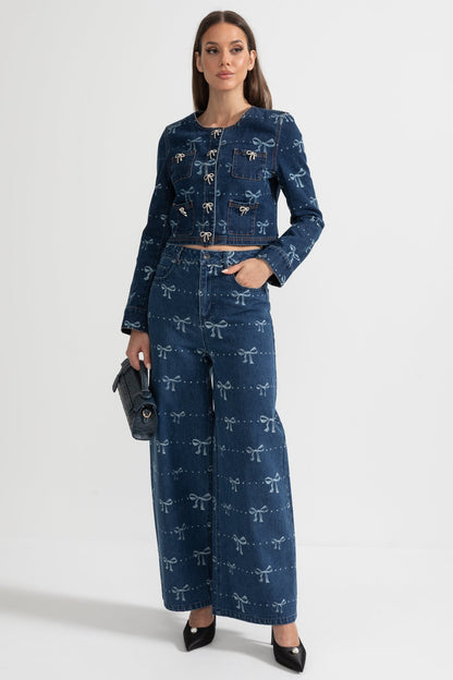 Denim Co-Ordinate Ensemble With Long Sleeved Jacket And Wide-Leg Jeans - Blue