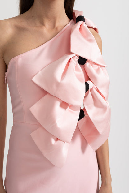 One-Shoulder Mini Dress with Oversized Bow Detailing - Pink