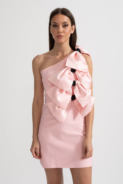One-Shoulder Mini Dress with Oversized Bow Detailing - Pink