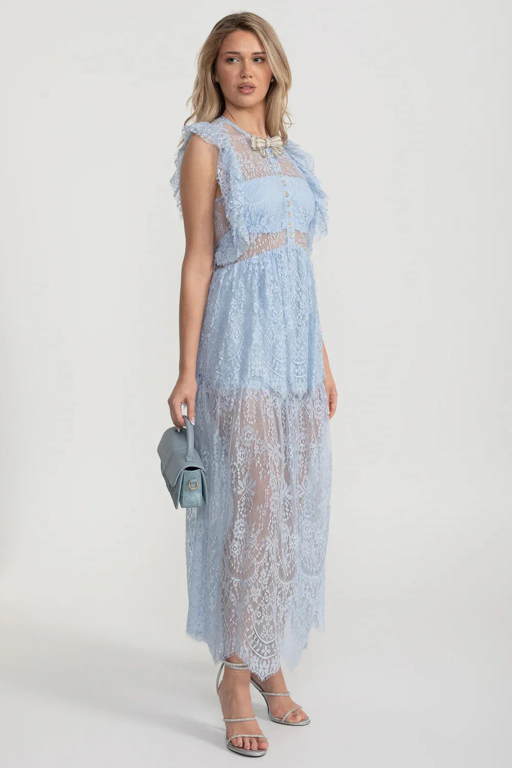 Elegant Vintage-Inspired Lace Dress With Ruffled Details And Layered Skirt - Blue