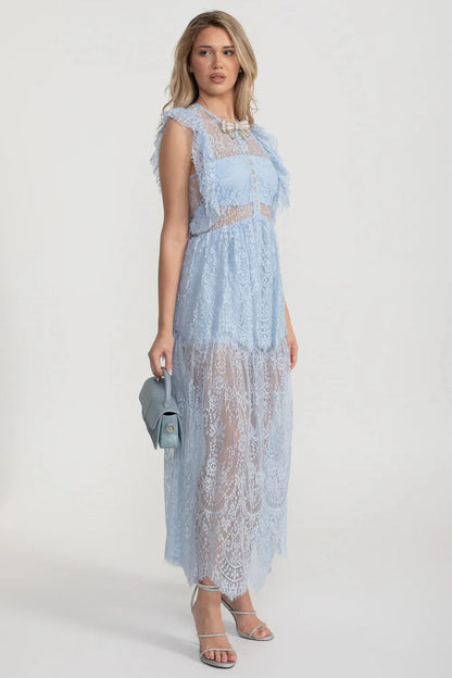Elegant Vintage-Inspired Lace Dress With Ruffled Details And Layered Skirt - Blue