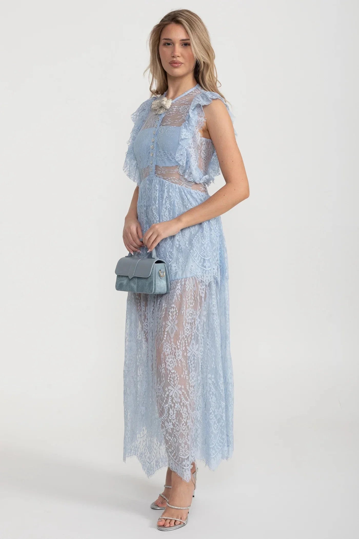 Elegant Vintage-Inspired Lace Dress With Ruffled Details And Layered Skirt - Blue