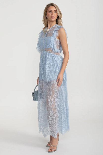 Elegant Vintage-Inspired Lace Dress With Ruffled Details And Layered Skirt - Blue